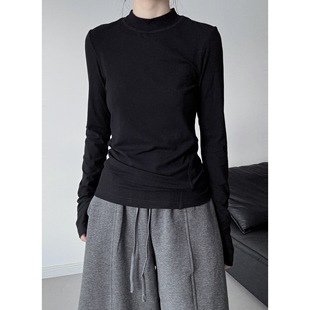 T恤百搭上衣 女早秋正肩显瘦长袖 浮木兮 小众设计感半高领打底衫