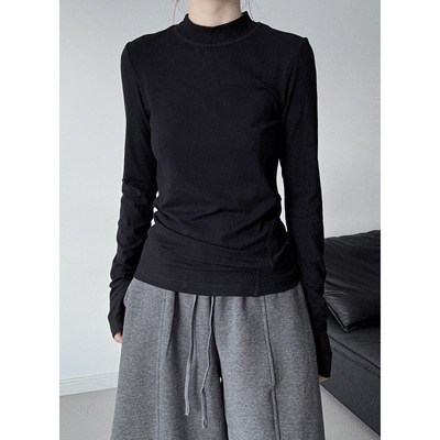 浮木兮 / 小众设计感半高领打底衫女早秋正肩显瘦长袖T恤百搭上衣