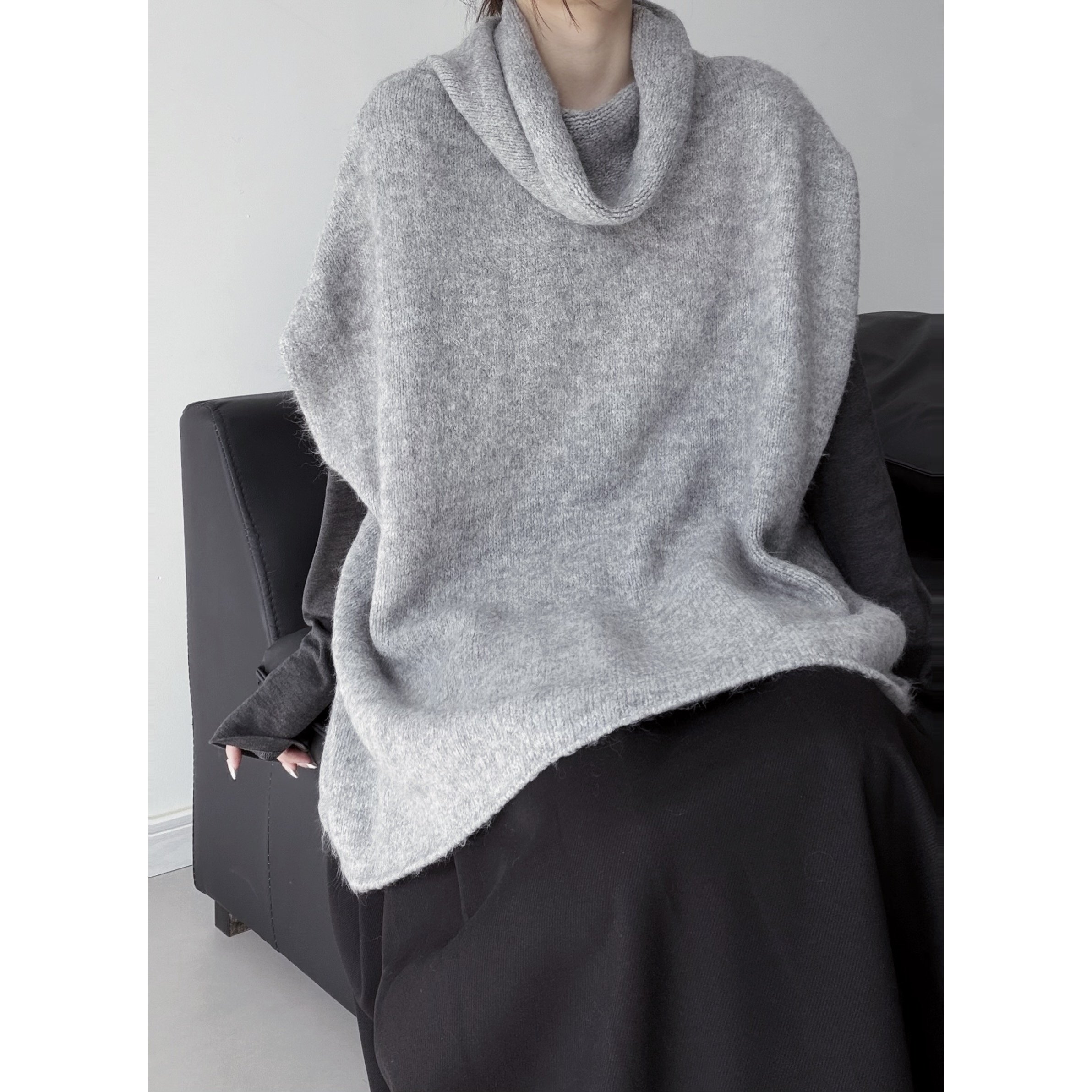 浮木兮/慵懒风堆堆高领无袖针织衫时髦叠穿荡领毛衣松弛感上衣