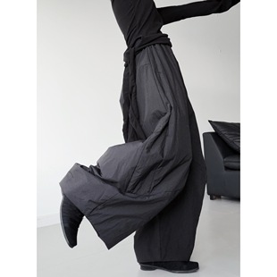 冬季 小众设计宽松廓形休闲长裤 暗黑风加厚夹棉黑色弯刀裤 浮木兮