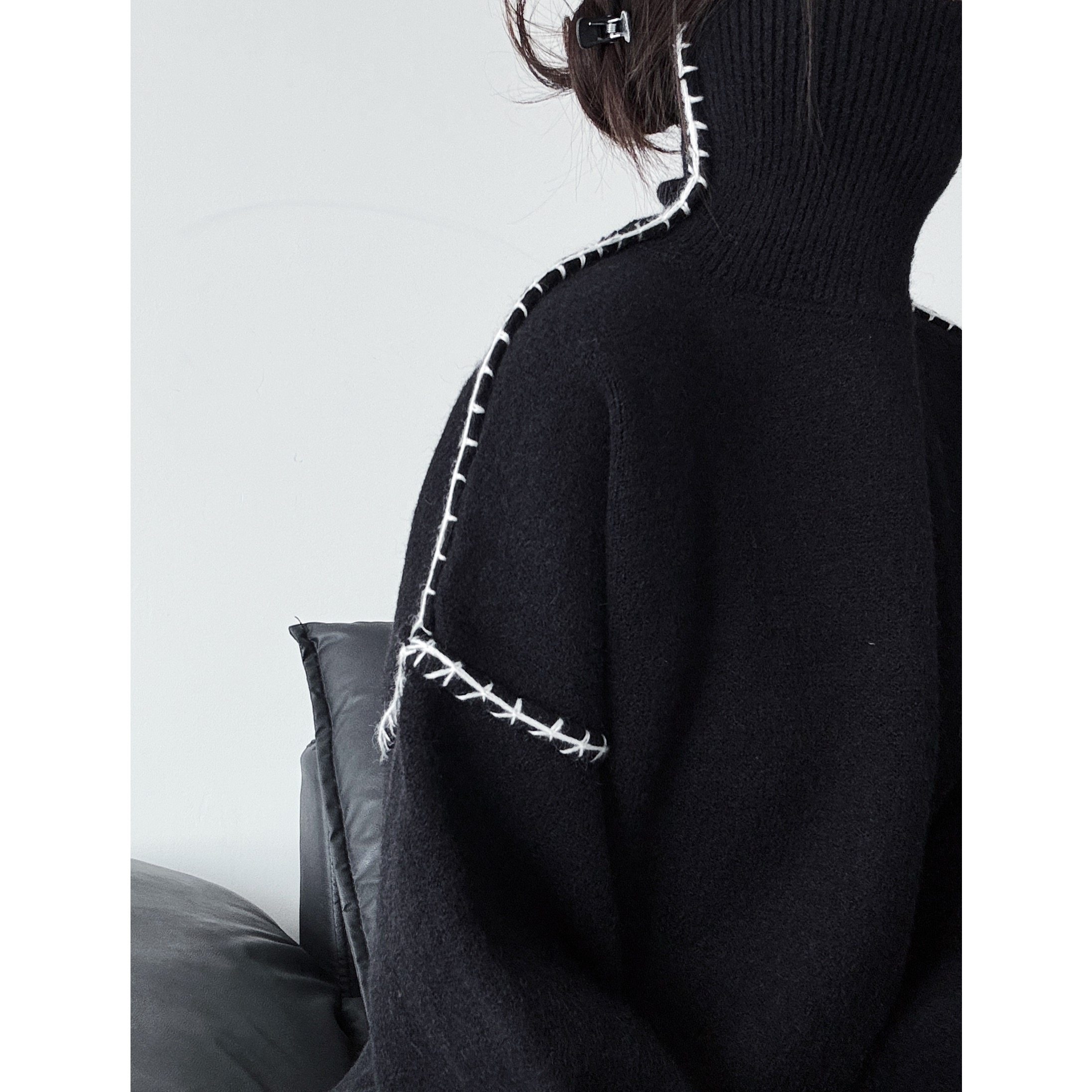 浮木兮/暗黑风鱼骨明线高领毛衣小众设计感撞色拼接针织上衣