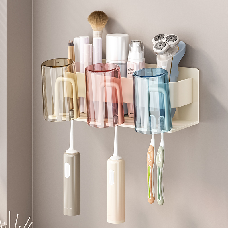 牙刷置物架壁挂式免打孔卫生间一家三口四口漱口杯电动牙刷收纳架