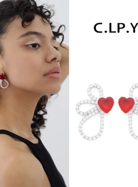 C.LP.Y红色爱心满钻镂空蝴蝶耳环轻奢高级感耳饰小众设计耳钉甜美
