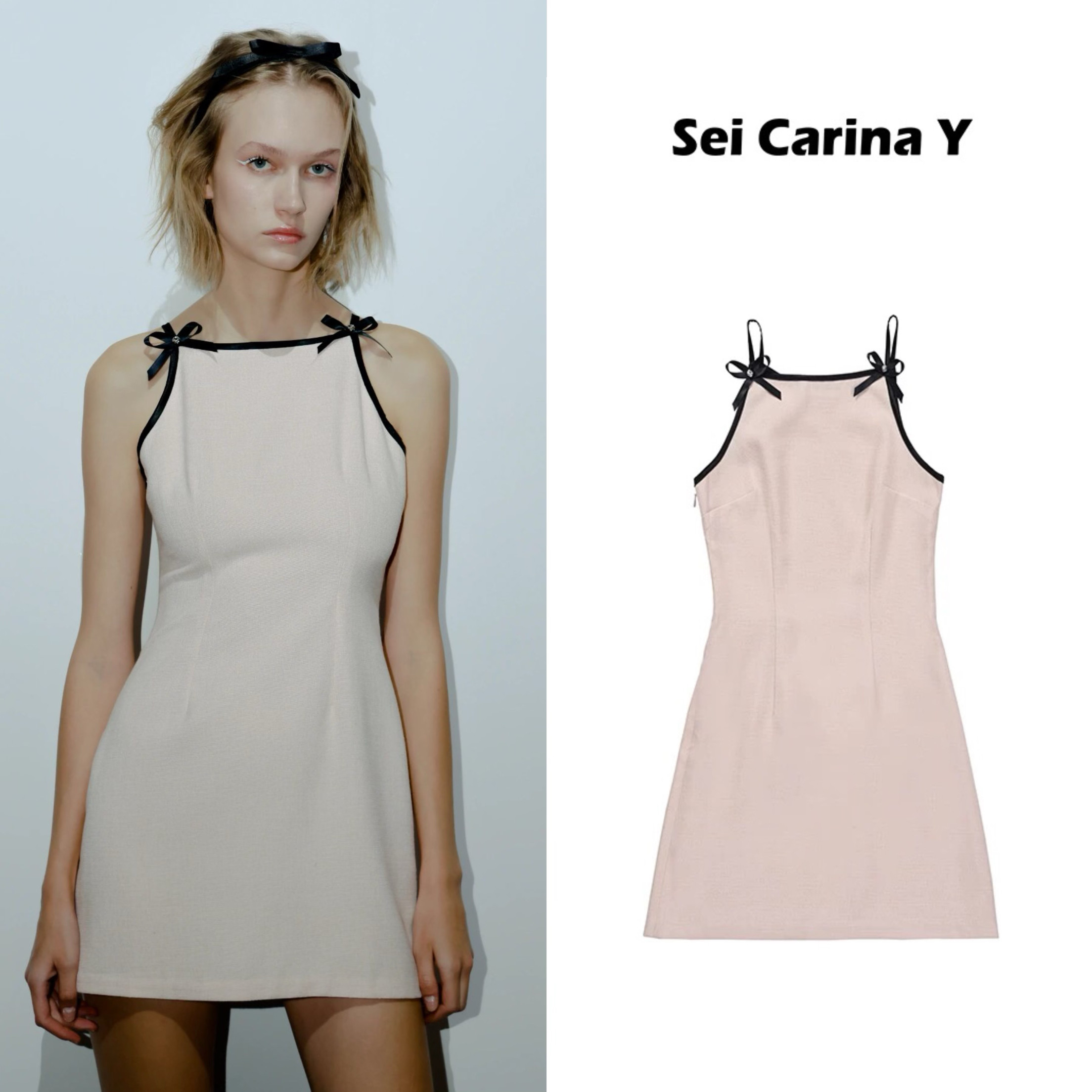 Sei Carina Y蝴蝶结吊带裙粉色收腰连衣裙纯色简约轻奢千金风裙子