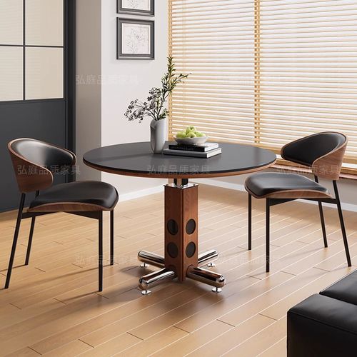 精选创意新款复i古实木岩板圆桌中古餐桌椅组合现代简约轻奢阳台