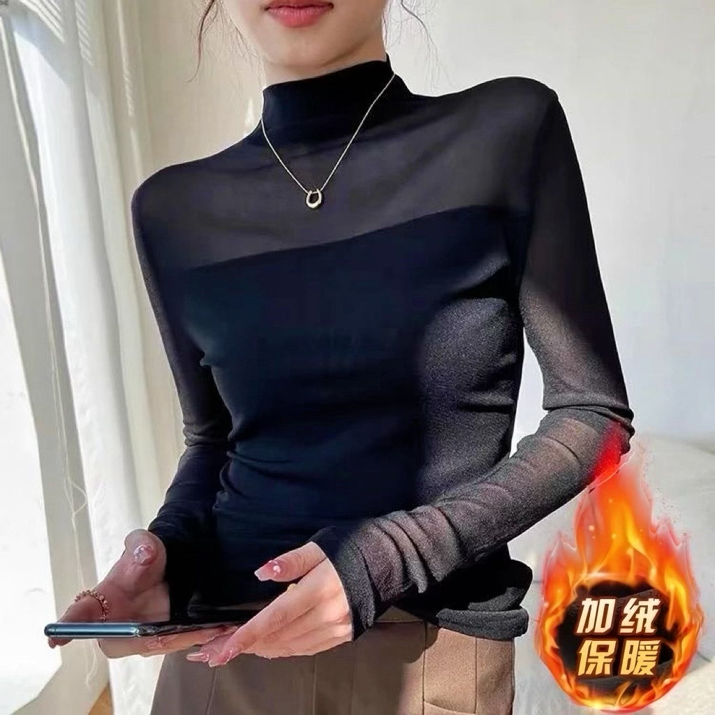 2025新款半高领蕾丝衫秋冬打底衫内搭修身显瘦水晶纱弹力百搭上衣