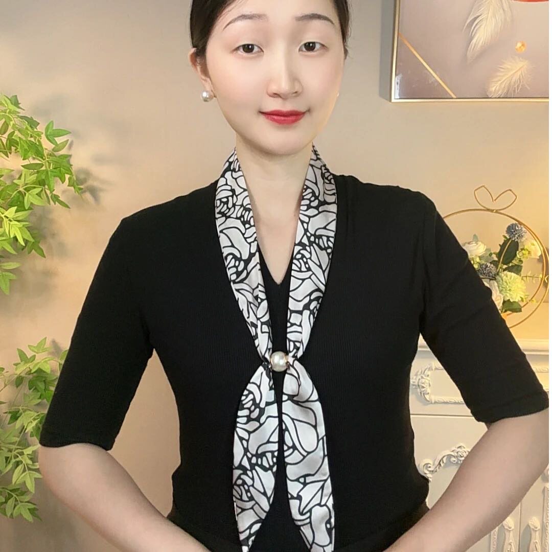 春夏新款女士贝珠长条丝巾夏季项链薄款丽锦锻高品质气质百搭装饰