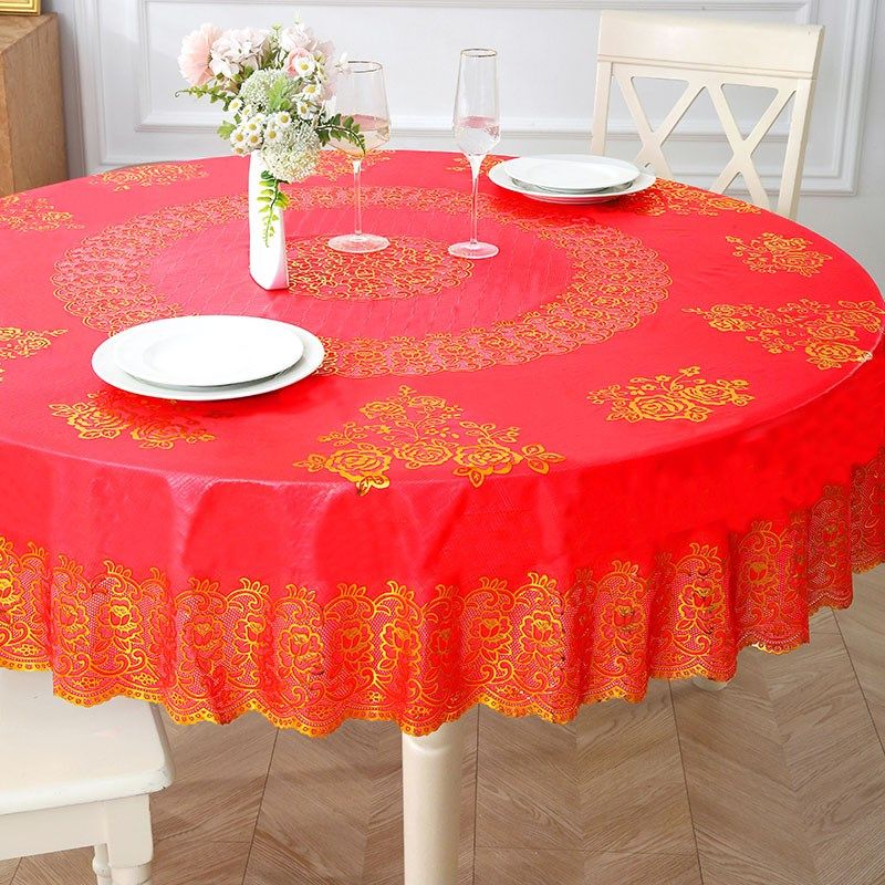 优选圆桌布圆形i餐桌布PVC防水防烫防油免洗红色大圆桌子欧式烫金