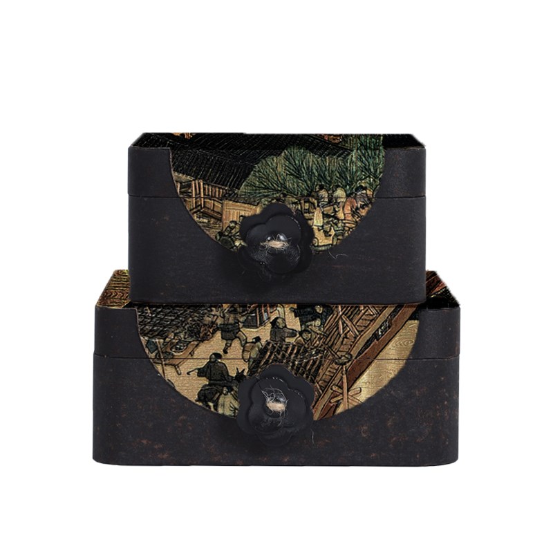 优选新中式样f板房收纳盒首饰盒摆件轻奢复古小众清明上河图案盒