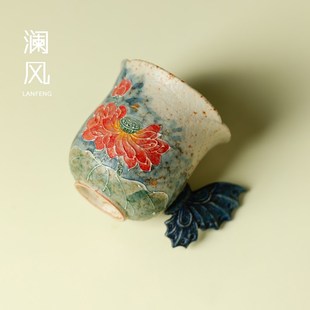 U女士功夫茶具品 精选手绘莲开并蒂主人杯单杯陶瓷喝茶杯新中式