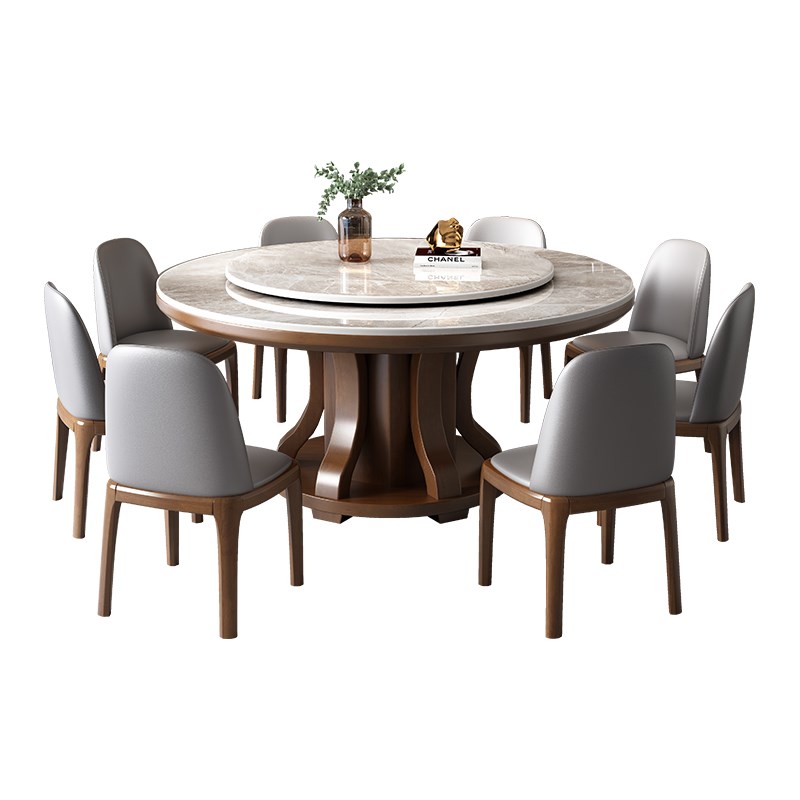 优选高端圆桌饭桌酒店饭店家用小户型圆形实木带电磁W炉岩板餐桌