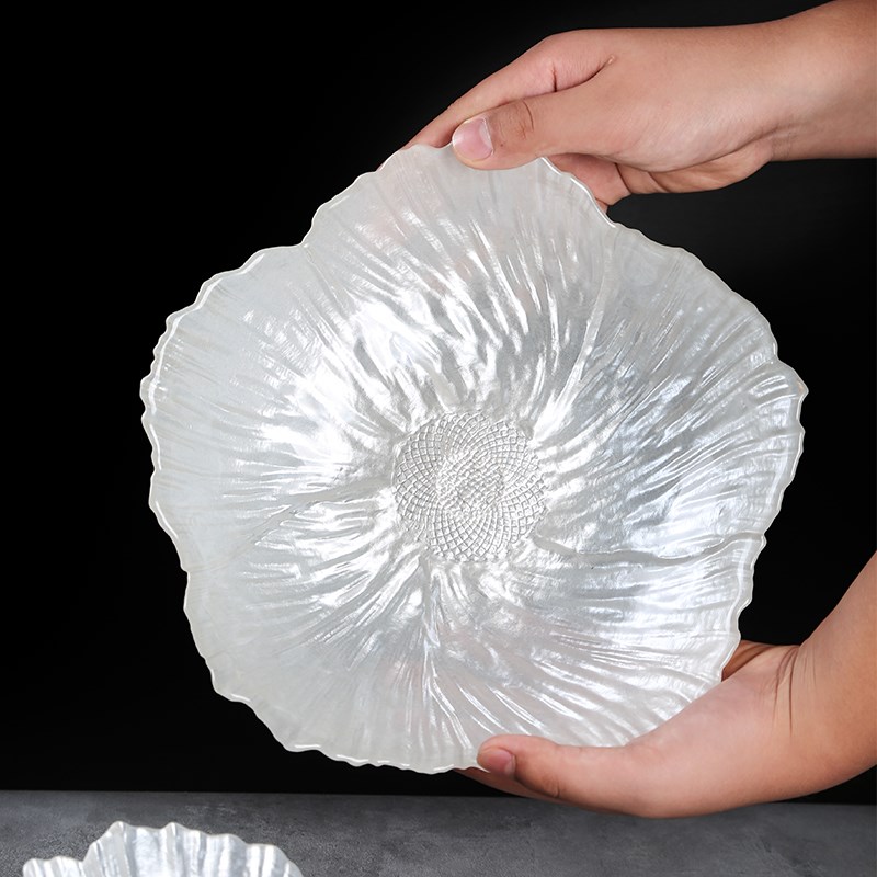 优选欧式水晶玻璃水果盘花朵x家用简约茶盘零食托盘子大号珠光白