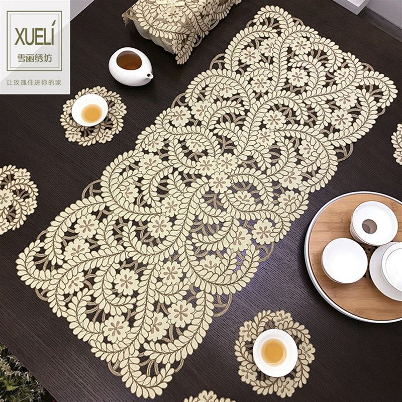 优选电视柜盖巾桌旗桌布茶几垫布艺刺绣轻奢北欧美U式中式长方山