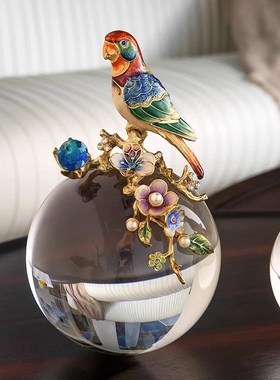 优选新中式轻奢珐琅彩吉祥鹦鹉z水晶球装饰摆件办公室书房玄关家