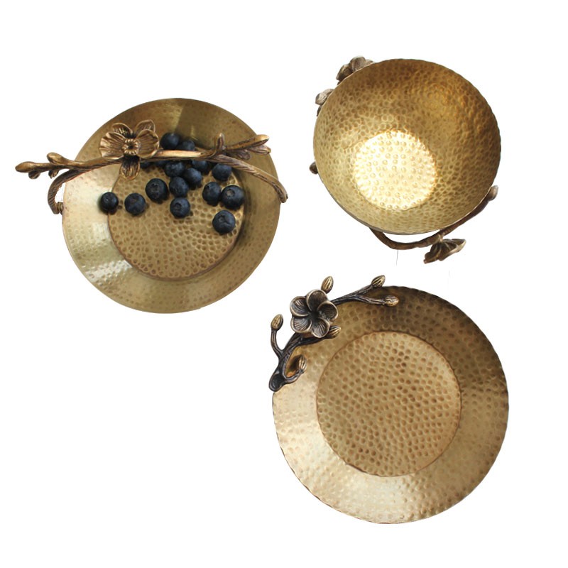 优选印度进口纯黄铜干果盘零食糖果C碗梅花装饰欧式复古锤目纹轻