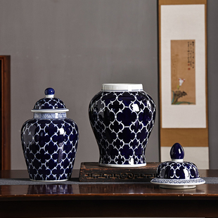 优选蓝底青花瓷花花器法式客厅玄关茶几酒柜书房新中W式摆件落地