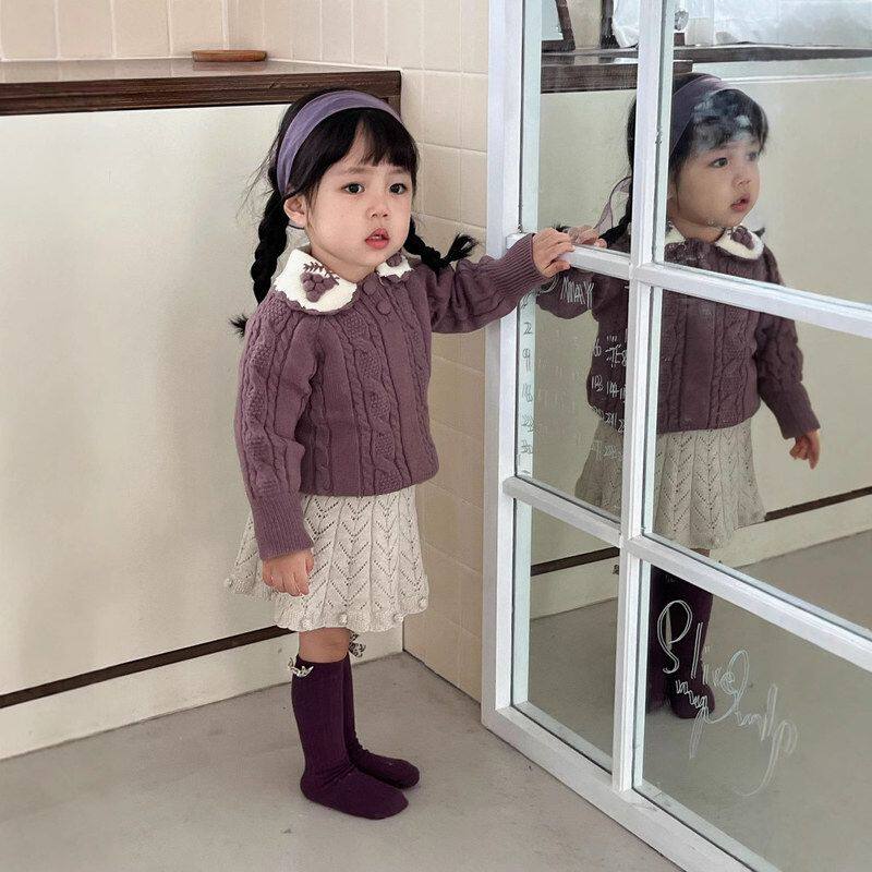 C家女童装秋冬手钩翻领套头毛衣女宝加厚麻花撞色球球上衣