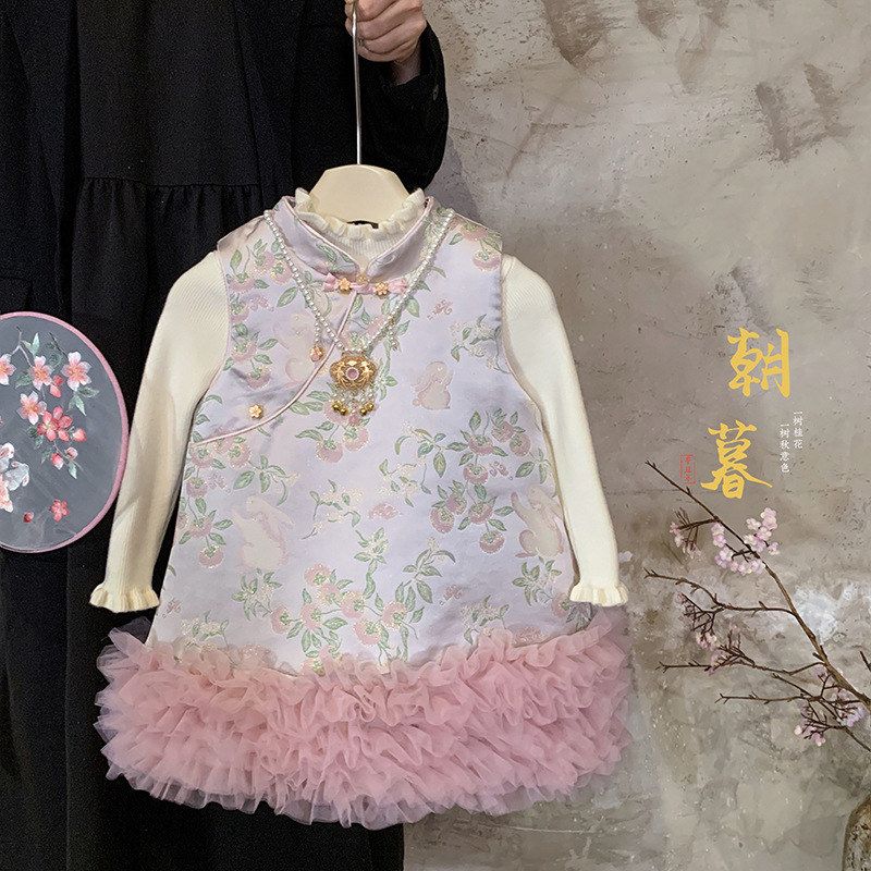 女童秋冬甜美可爱连衣裙儿童针织不加绒上衣国风夹棉连衣裙两件套