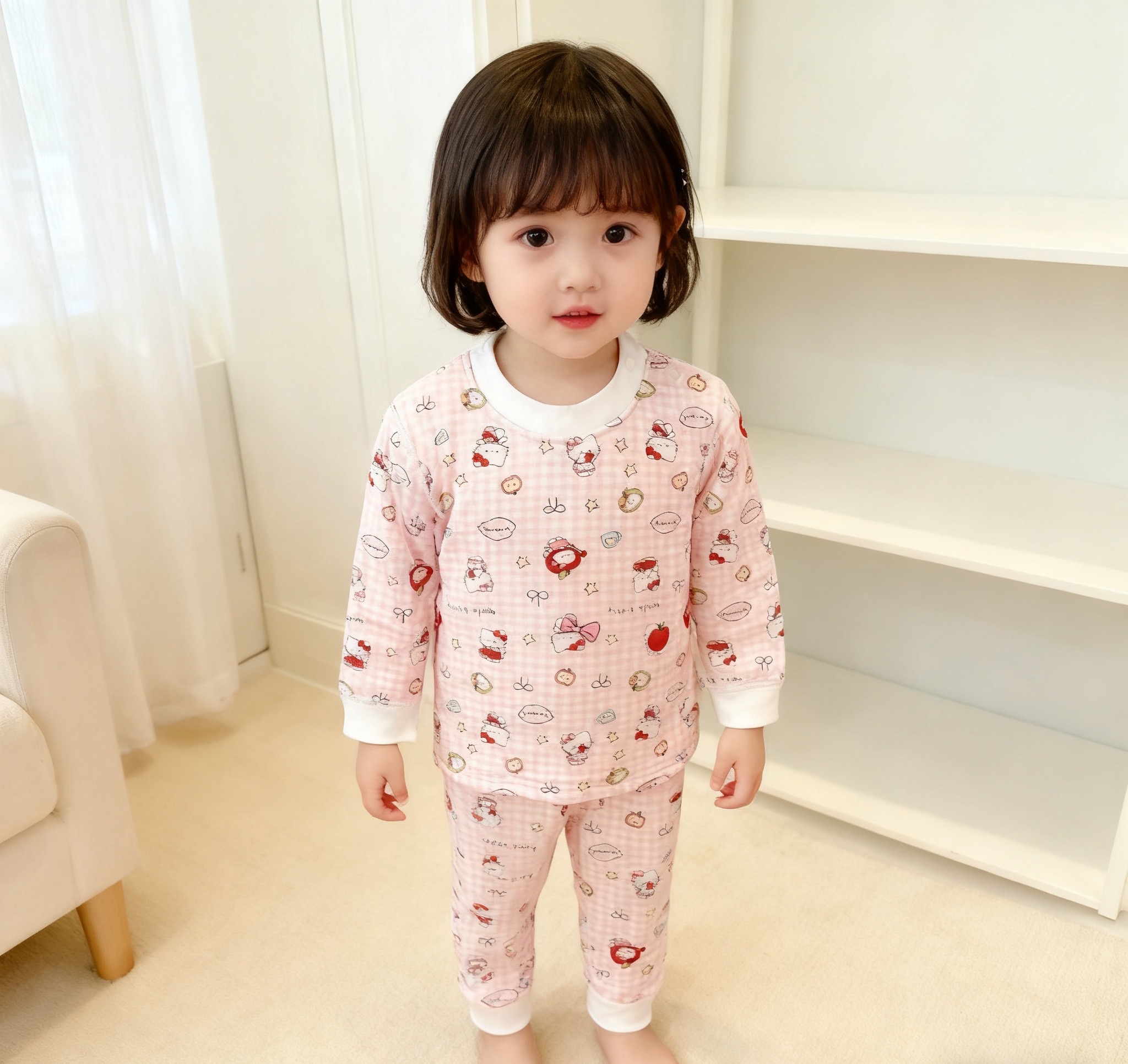 A类秋冬羊毛桑蚕丝高腰护肚居家服套装女童睡衣打底秋衣秋裤