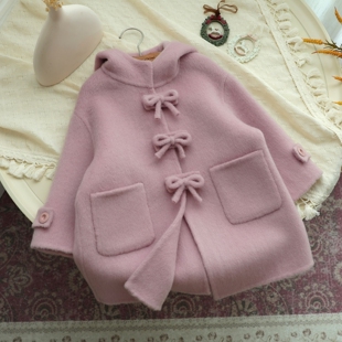 【小喜自制】粉色蝴蝶结双面羊毛大衣女宝冬季新款儿童连帽外套