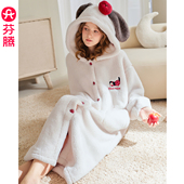 芬腾珊瑚绒睡袍女秋冬季 加绒连帽睡衣法兰绒抗静电大码 睡裙家居服