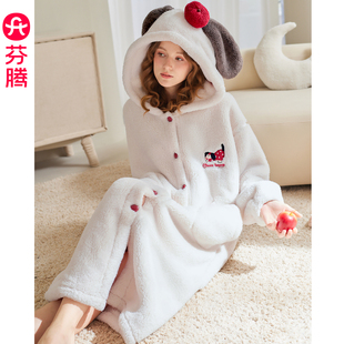 芬腾珊瑚绒睡袍女秋冬季加绒连帽睡衣法兰绒抗静电大码睡裙家居服