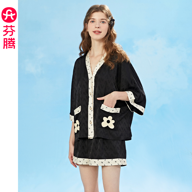 芬腾睡衣女短袖夏季薄款冰丝V领开衫薄款仿真丝绸大码家居服套装