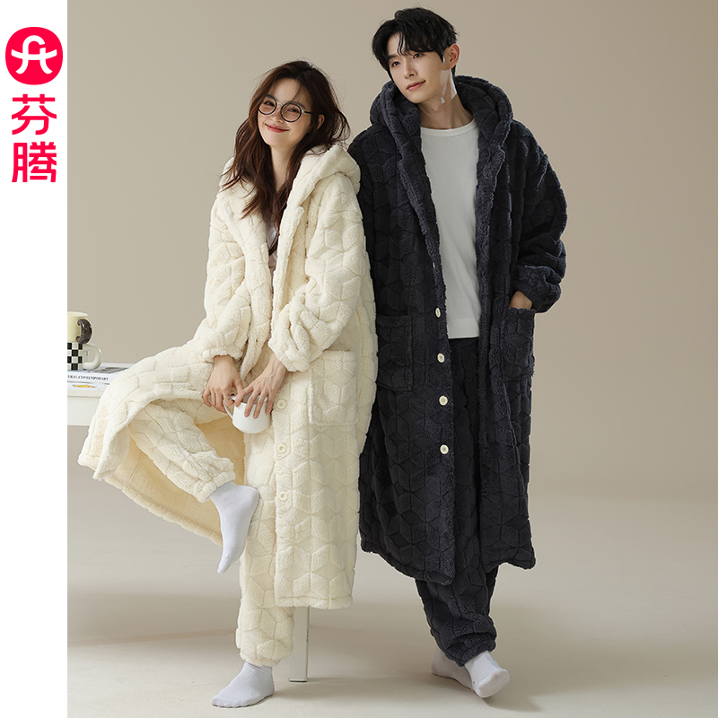 芬腾情侣睡衣女珊瑚绒秋冬季睡袍套装连帽加厚加绒保暖男士家居服