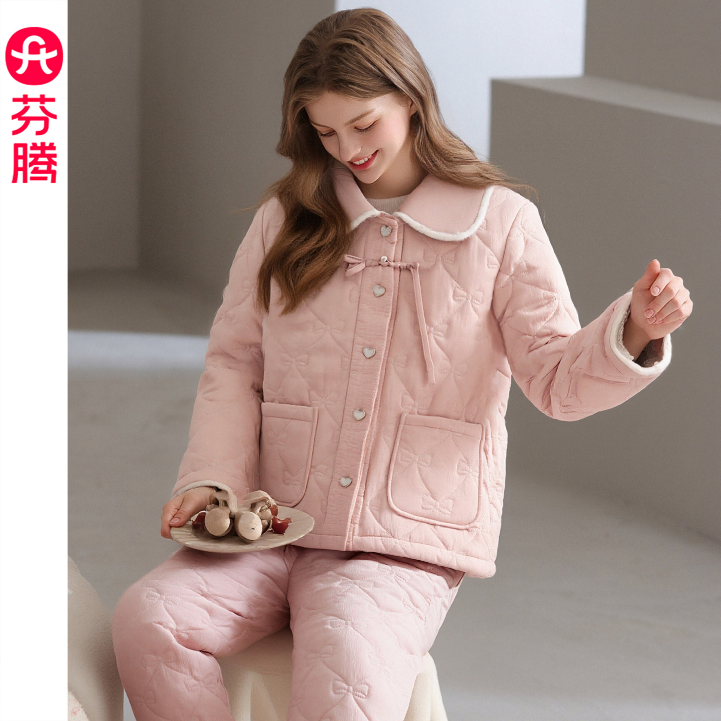 芬腾女士睡衣冬季珊瑚绒夹棉三层