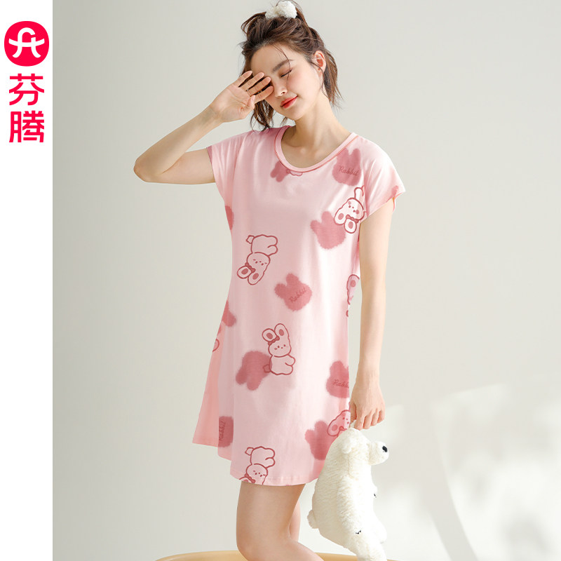 芬腾女睡裙夏季纯棉短袖睡衣裙少女韩版卡通休闲全棉家居服中短裙