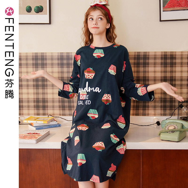 芬腾春秋季长袖睡裙女纯棉韩版卡通睡衣全棉长款宽松家居服连衣裙