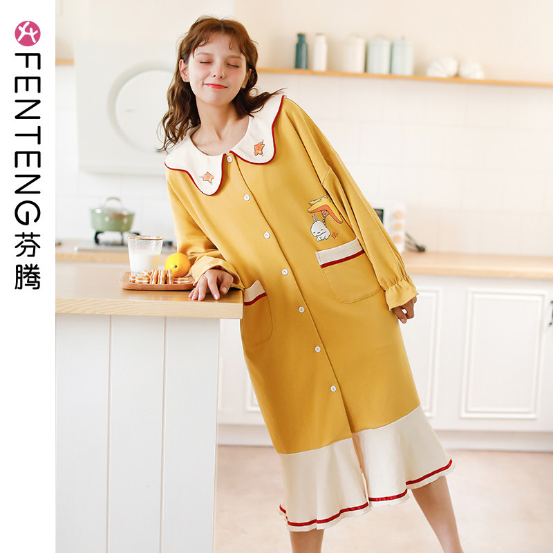 芬腾春秋季长袖睡裙女纯棉韩版卡通宽松全棉开衫长裙家居服连衣裙