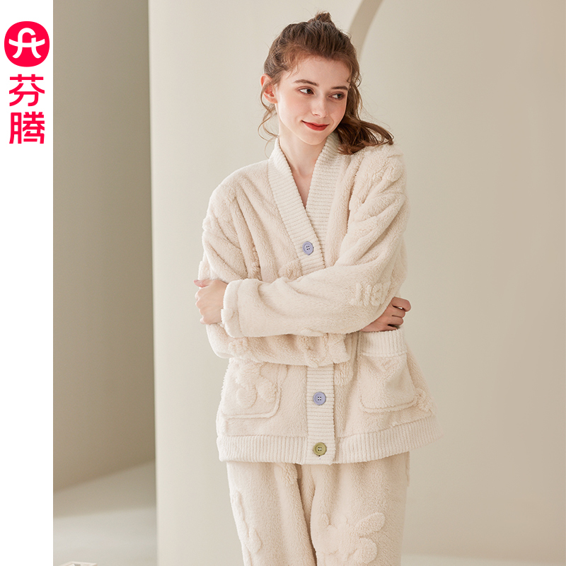 芬腾女保暖法兰绒V领家居服套装