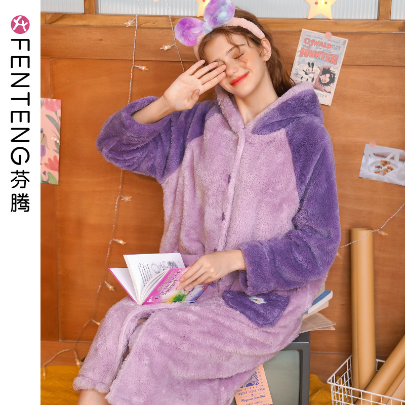 芬腾秋冬珊瑚绒睡袍女连帽卡通睡裙法兰绒加厚保暖长款家居服浴袍