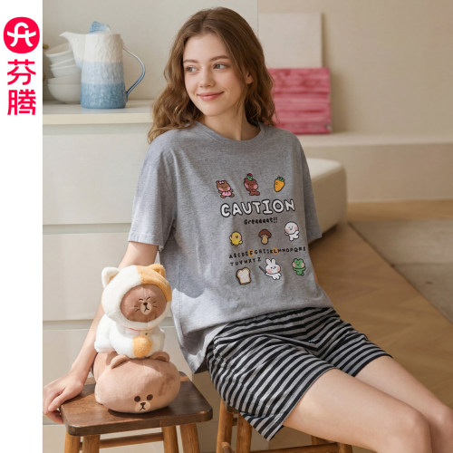 芬腾睡衣女款纯棉夏季薄款短袖