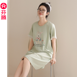 夏天可爱休闲家居服连衣裙 芬腾纯棉睡裙女夏季 短袖 薄款 睡衣裙大码