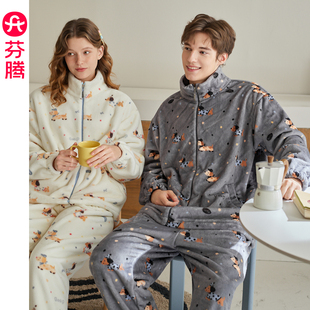 家居服 卡通加绒加厚法兰绒大码 芬腾情侣睡衣秋冬季 珊瑚绒男女套装