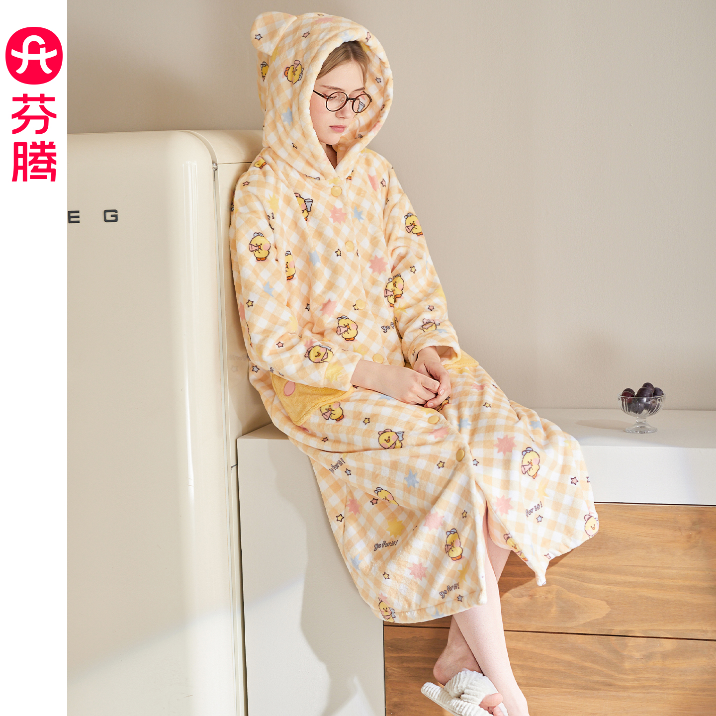 芬腾女睡袍秋冬珊瑚绒抗静电连帽