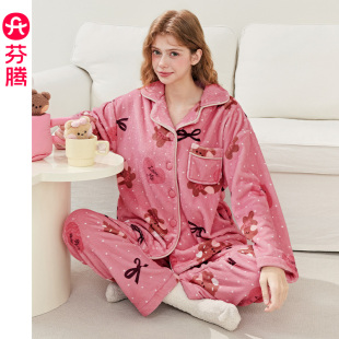 家居服套装 大码 珊瑚绒加厚加绒可爱布朗熊女款 芬腾女士睡衣秋冬季