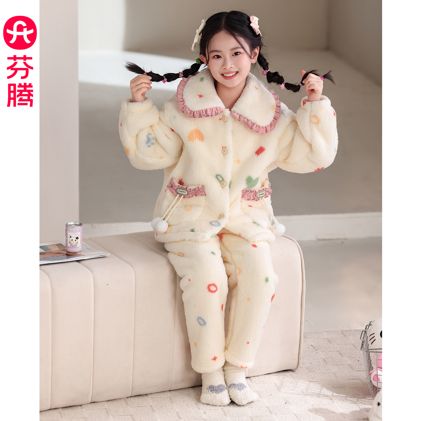 芬腾儿童睡衣女童秋冬季珊瑚绒套装女孩法兰绒加绒母女亲子家居服