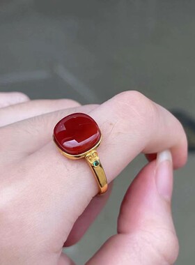 天然南红玛瑙戒指女款925银镶嵌俄料白花金绞蜜指环活口可调节