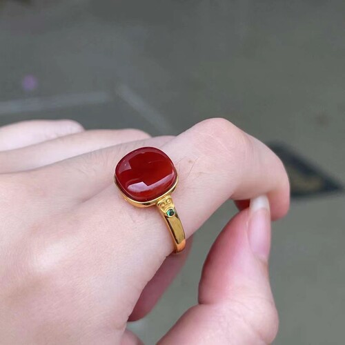 天然南红玛瑙戒指女款925银镶嵌俄料白花金绞蜜指环活口可调节