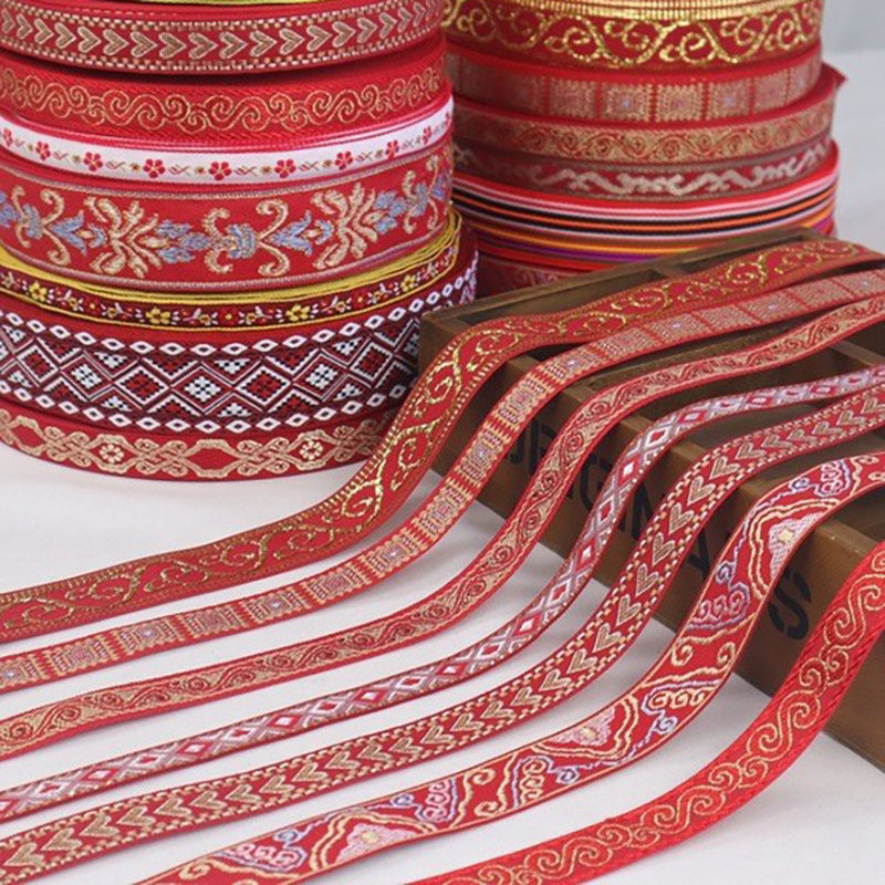 中国红刺绣蕾丝织带手工diy花边辅料喜服节庆服装装饰带