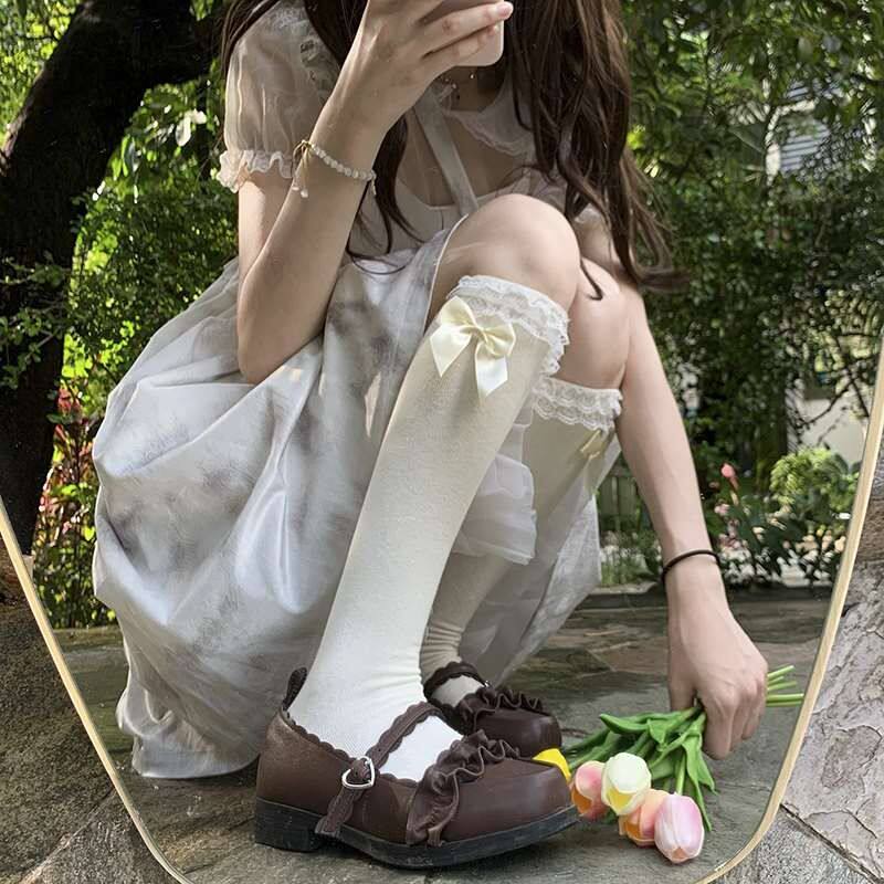 日系蕾丝蝴蝶结半截中筒女