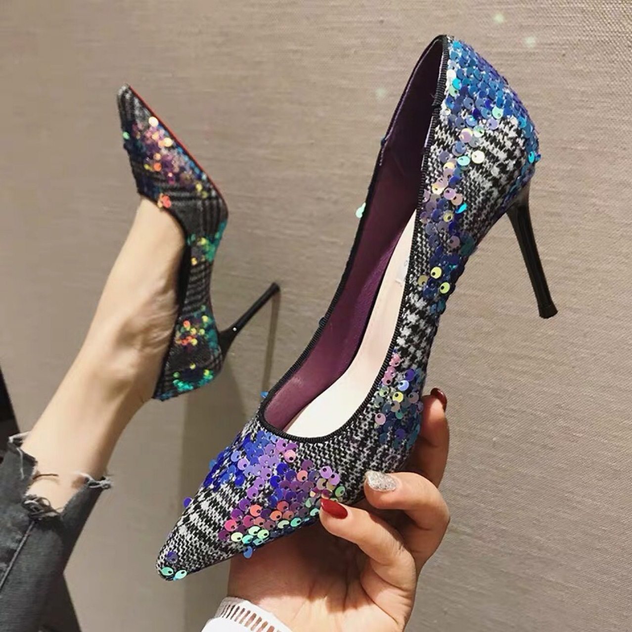Net Red High-heeled shoes Stiletto 2019 new pattern Tip The Little Mermaid lattice High-heeled shoes Sequins Single shoesin the Women's Shoes, Low shoes  category - from Buy2taobao.com to provide professional Taobao agent buy service