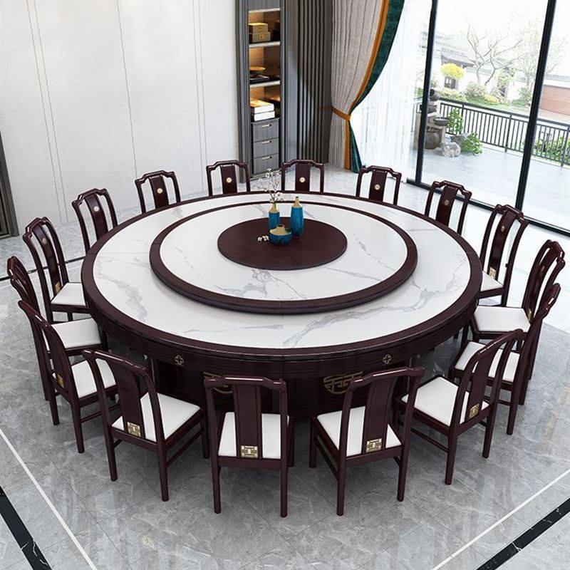 2023新中式大圆桌电动餐桌岩板酒店饭店包厢火锅桌20人实木大桌子