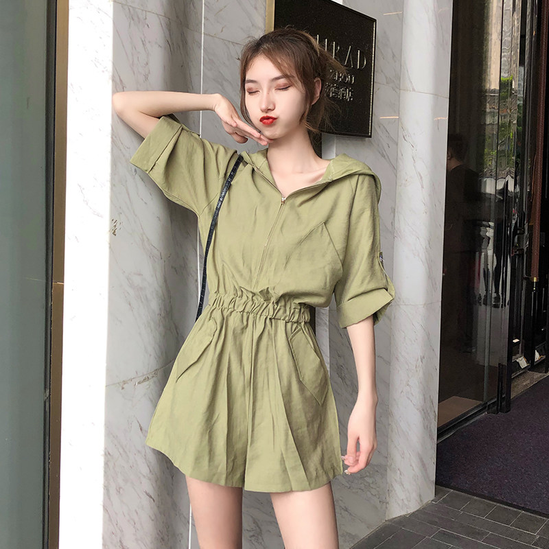 Paige Jumpsuits 2019 summer new pattern Self cultivation Versatile Retro Overalls Short sleeved Hooded shorts Wide leg pantsin the Women's clothing/Boutique , Pants , Casual pants  category - from Buy2taobao.com to provide professional Taobao agent buy service