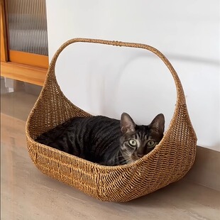 宠物藤编猫窝四季通用半封闭式小体狗窝布偶猫专用菜篮子编织窝