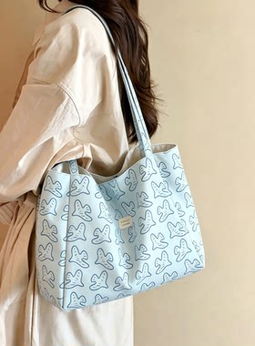 蓝色小鸟托特包大容量女帆布包韩系通勤上班轻便双面包小众单肩包