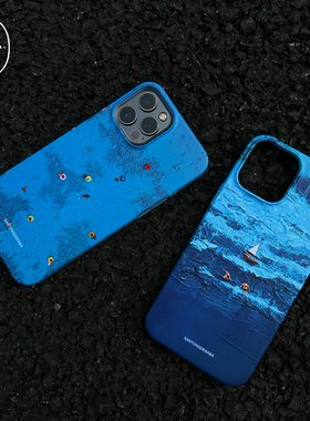 三筒的爸爸蓝色海洋原创磨砂磁吸苹果16手机壳情侣双层iphone15promax/14/13/12/11适用华为mate60pro/p70
